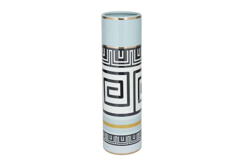 18 Inch Blue White Gold Modern Greek Key Cylinder Vase - 360
