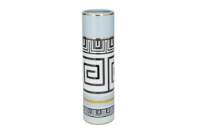 18 Inch Blue White Gold Modern Greek Key Cylinder Vase
