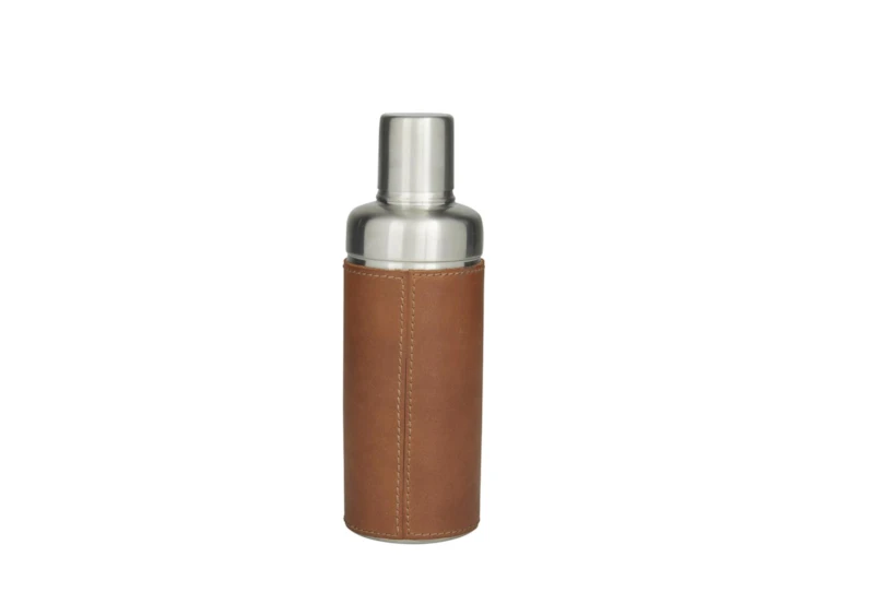 9 Inch Camel Brown Leather + Stainless Steel Cocktail Shaker - 360