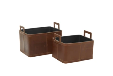 Camel Brown Leather Rectangular Baskets Set Of 2