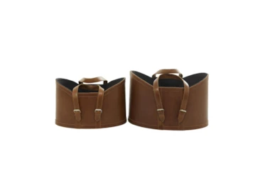 Camel Brown Leather Oval Baskets Set Of 2