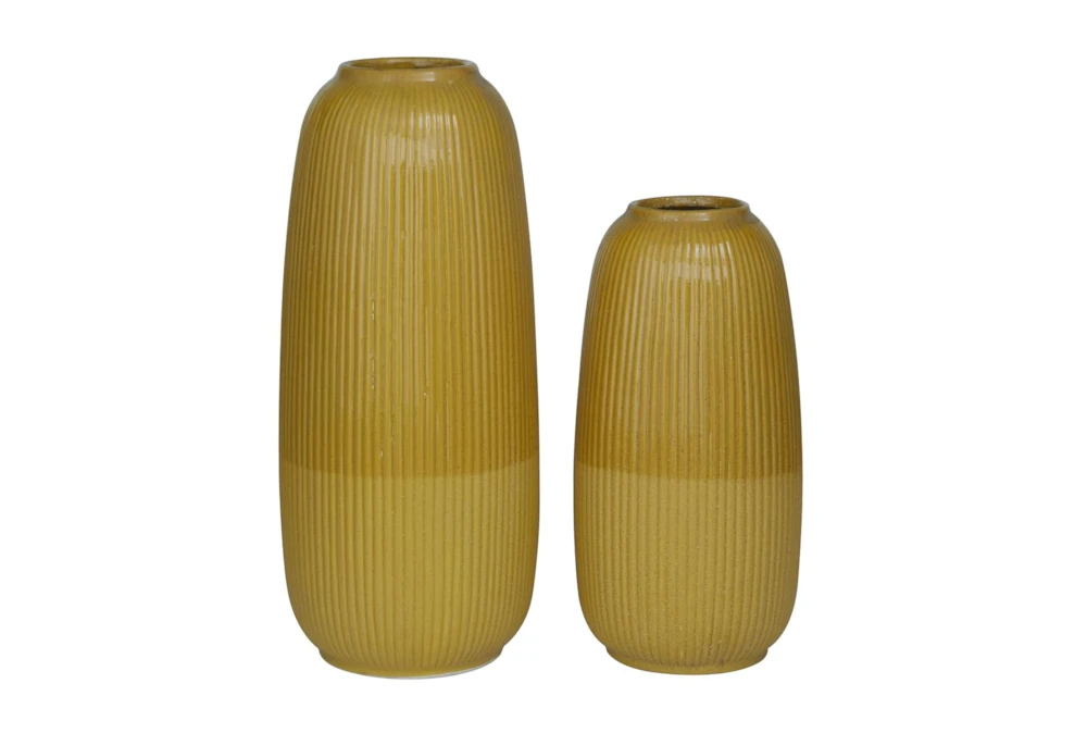 Two Tone Dijon Yellow Ribbed Vases Set Of 2