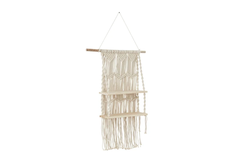 25X49 White + Natural Macrame Wall Hanging With Shelves - 360