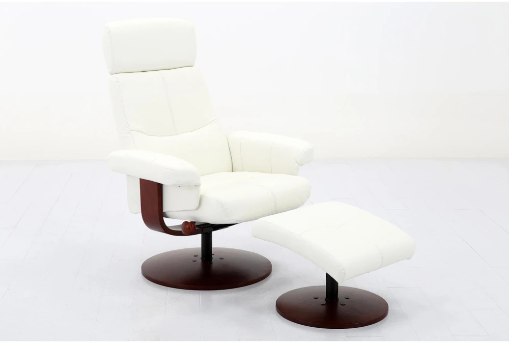 Bern White Faux Leather Reclining Swivel Arm Chair And Ottoman