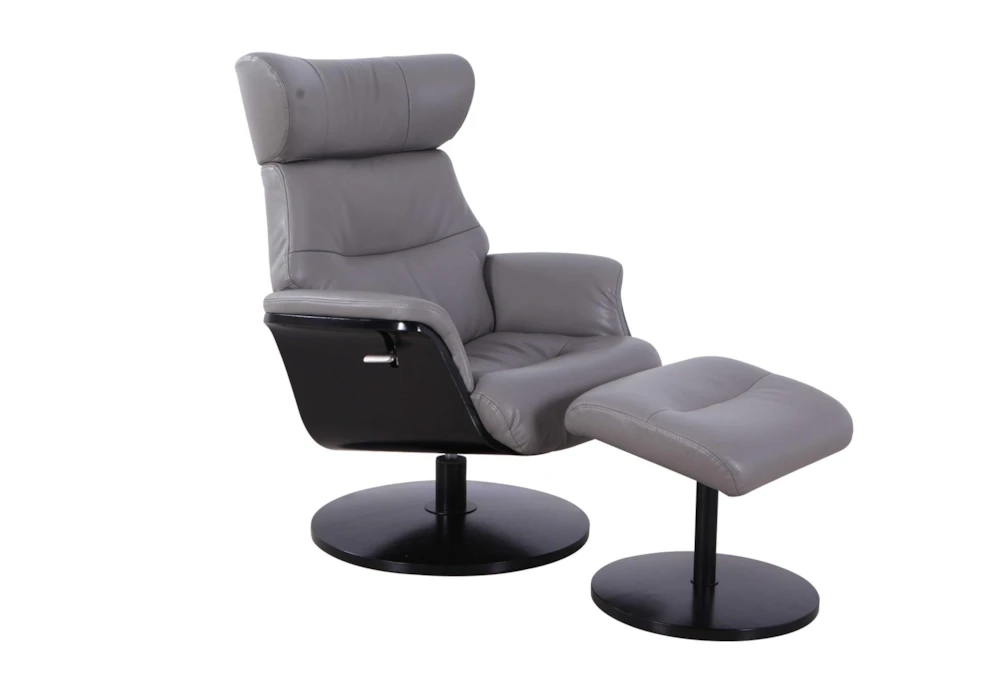 Algot Grey Faux Leather Reclining Swivel Arm Chair And Ottoman