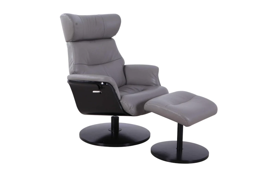 Algot Grey Faux Leather Reclining Swivel Arm Chair And Ottoman - 360