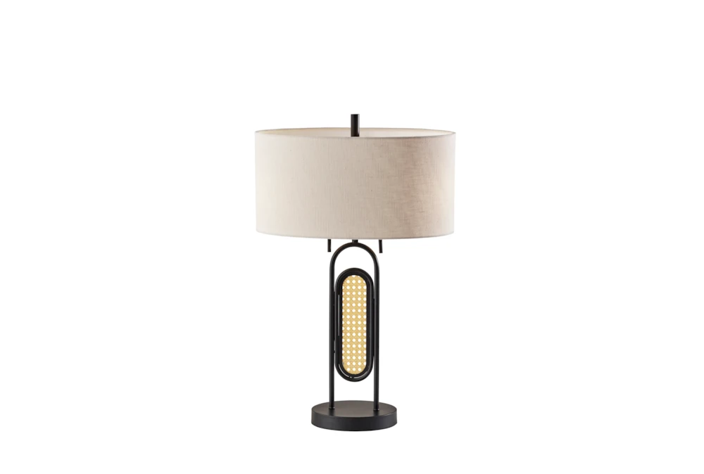 26 Inch Woven Cane + Black Metal Capsule Table Lamp