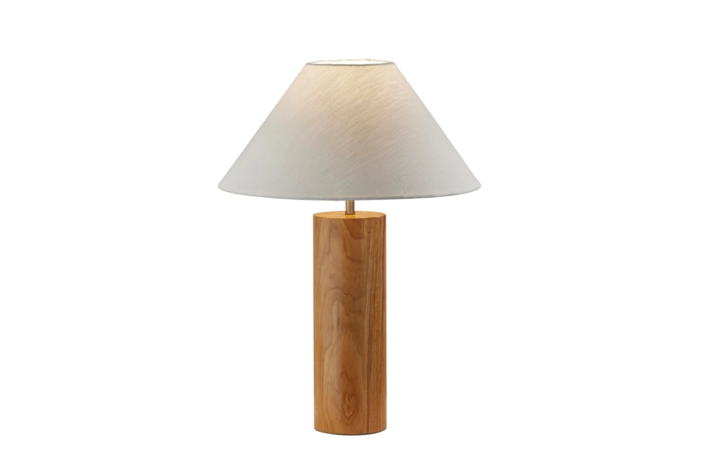 26 Inch Natural Wood Cylinder Table Lamp With Ivory Shade