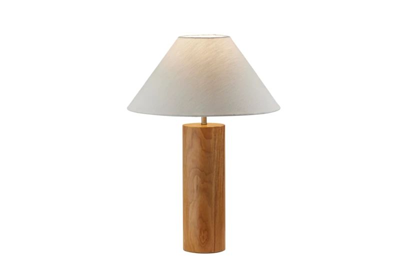 26 Inch Natural Wood Cylinder Table Lamp With Ivory Shade - 360
