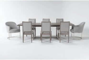 Tribeca 9 Piece Trestle Dining Set With Wood + Curved Metal Base Side Chairs
