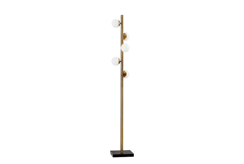 65" Antique Brass + White Glass 5 Light Stick Floor Lamp With Marble Base