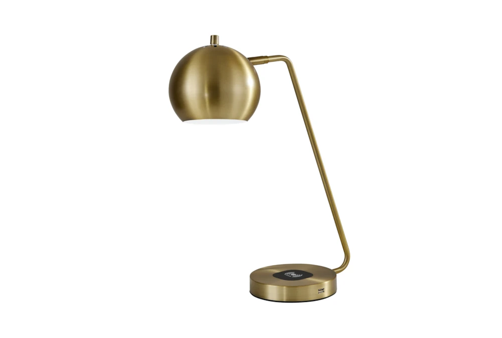 20 Inch Antique Brass Orb Desk Table Lamp With Wireless Charge + Usb