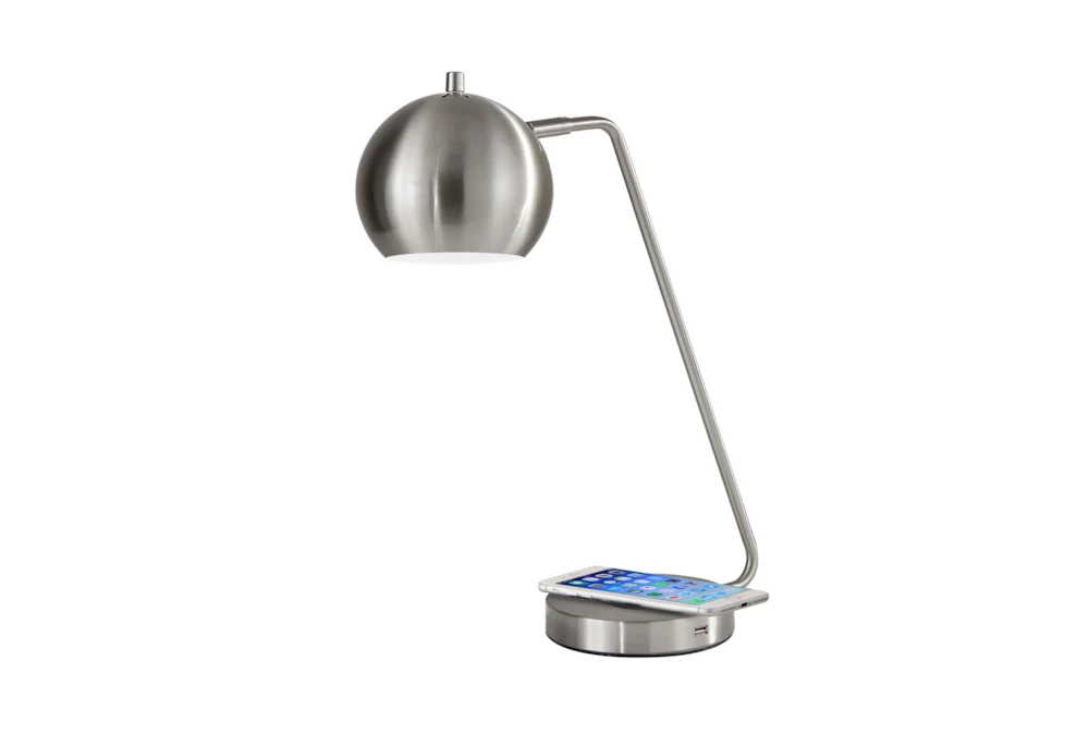 20 Inch Silver Steel Orb Desk Table Lamp With Wireless Charge + Usb