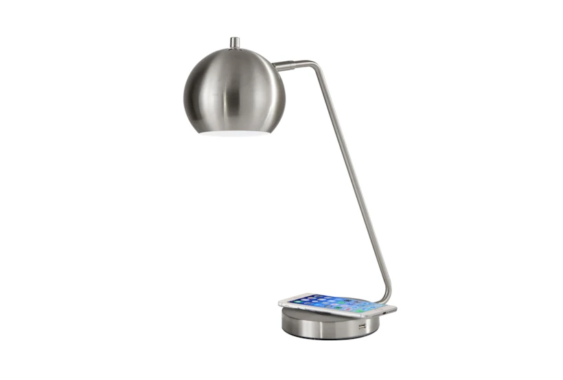 20 Inch Silver Steel Orb Desk Table Lamp With Wireless Charge + Usb - 360