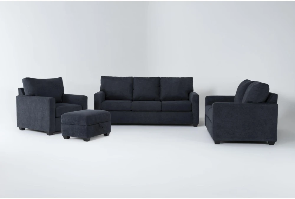 Aramis Midnight Blue 4 Piece Queen Sleeper Sofa, Loveseat, Chair & Storage Ottoman Set