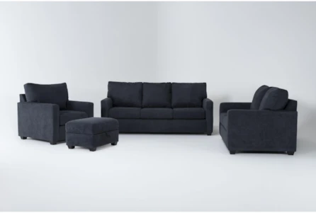 Aramis Midnight 4 Piece Queen Sleeper Sofa, Loveseat, Chair & Storage Ottoman Set