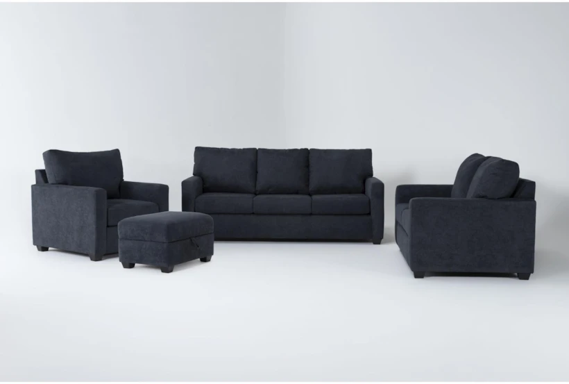 Aramis Midnight Blue 4 Piece Queen Sleeper Sofa, Loveseat, Chair & Storage Ottoman Set - 360
