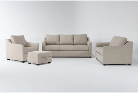 Porthos Cream 4 Piece Living Room Set With Queen Sleeper Sofa + Loveseat + Chair + Storage Ottoman
