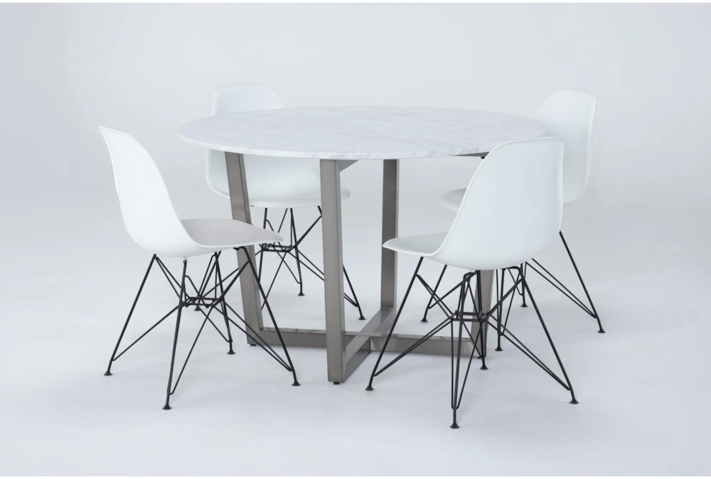Toby 5 Piece Marble Top Round Dining Set With Alexa White Side Chair