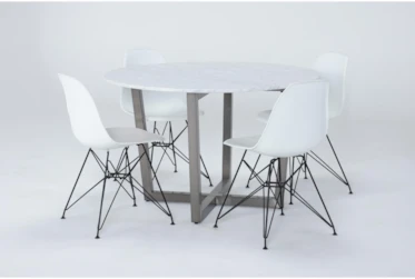 Toby Marble Top Round Dining With Alexa White Side Chair Set For 4