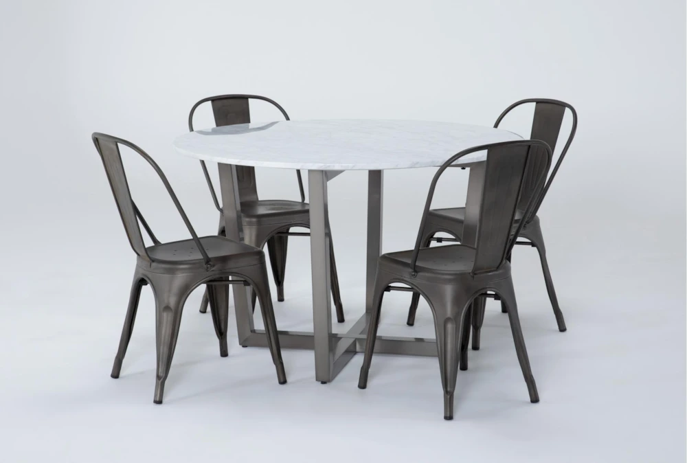 Toby 5 Piece Marble Top Round Dining Set With Dela Bronze Side Chair