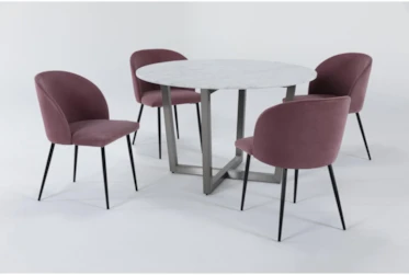 Toby 5 Piece Marble Top Round Dining Set With Duffy Pink Side Chair
