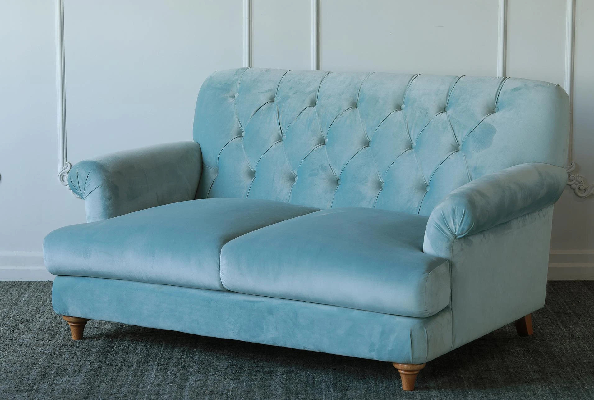 Dusty Blue Velvet Tufted Sofa With Rolled Arms Living Es