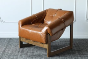 Brown Faux Leather + Grey Oak Base Accent Chair