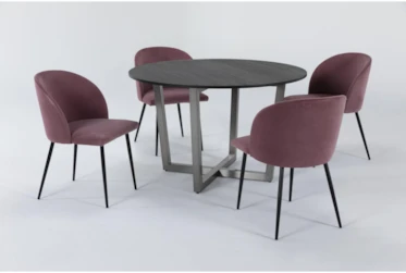 Toby 5 Piece Wood Top Round Dining Set With Duffy Pink Side Chair