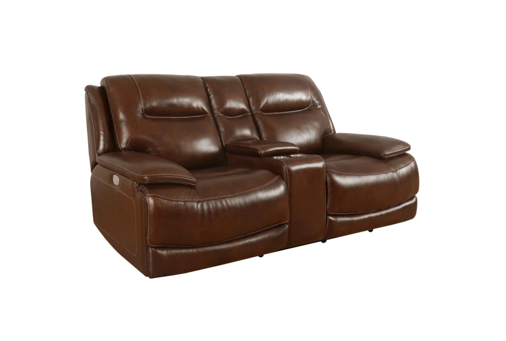 Heckford Brown Leather Power Zero Gravity Reclining Console Loveseat with Power Headrest & USB