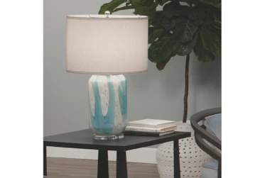 27 Inch Pale Blue + Beige Glass Table Lamp