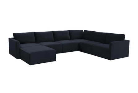Lyric Navy Velvet 135" 7 Piece U-Shaped Modular Sectional With Reversible Chaise