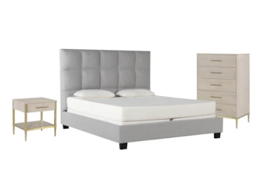 Boswell California King Upholstered Panel 3 Piece Bedroom Set With Camila Chest Of Drawers + Nightstand
