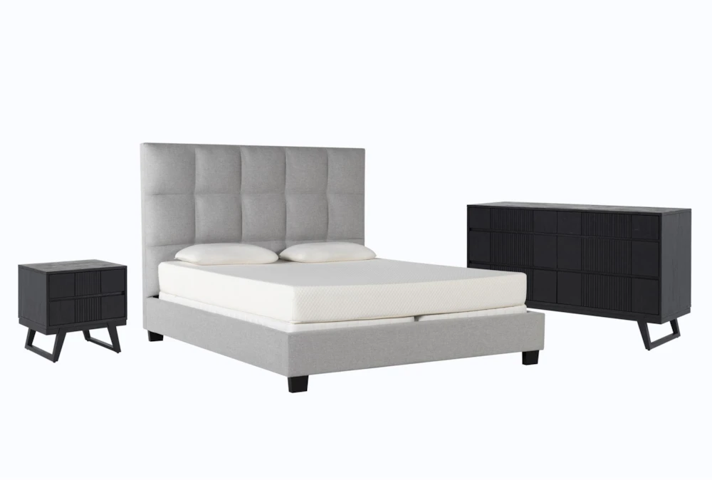 Boswell Grey California King Upholstered Panel 3 Piece Bedroom Set With Joren Dresser + Nightstand