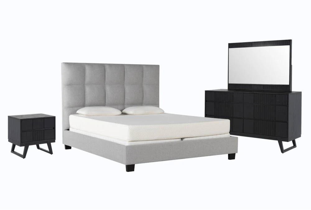 Boswell Grey King Upholstered Panel 4 Piece Bedroom Set With Joren Dresser, Mirror + Nightstand