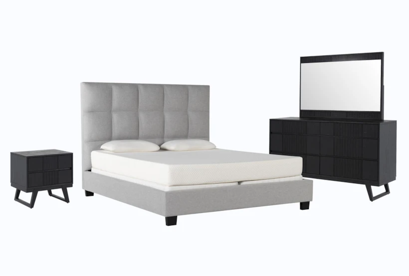 Boswell Grey King Upholstered Panel 4 Piece Bedroom Set With Joren Dresser, Mirror + Nightstand - 360