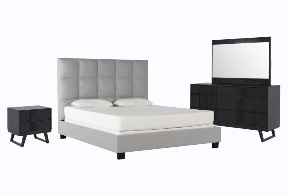 Boswell Grey Queen Upholstered Panel 4 Piece Bedroom Set With Joren Dresser, Mirror + Nightstand
