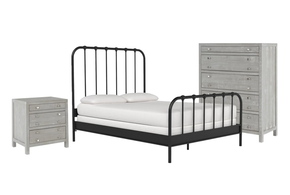 Knox Queen Metal Panel 3 Piece Bedroom Set With Rowan Mineral Chest Of Drawers + Nightstand