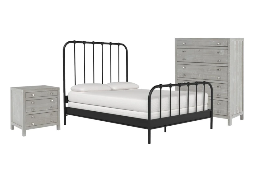 Knox Queen Metal Panel 3 Piece Bedroom Set With Rowan Mineral Chest Of Drawers + Nightstand - 360