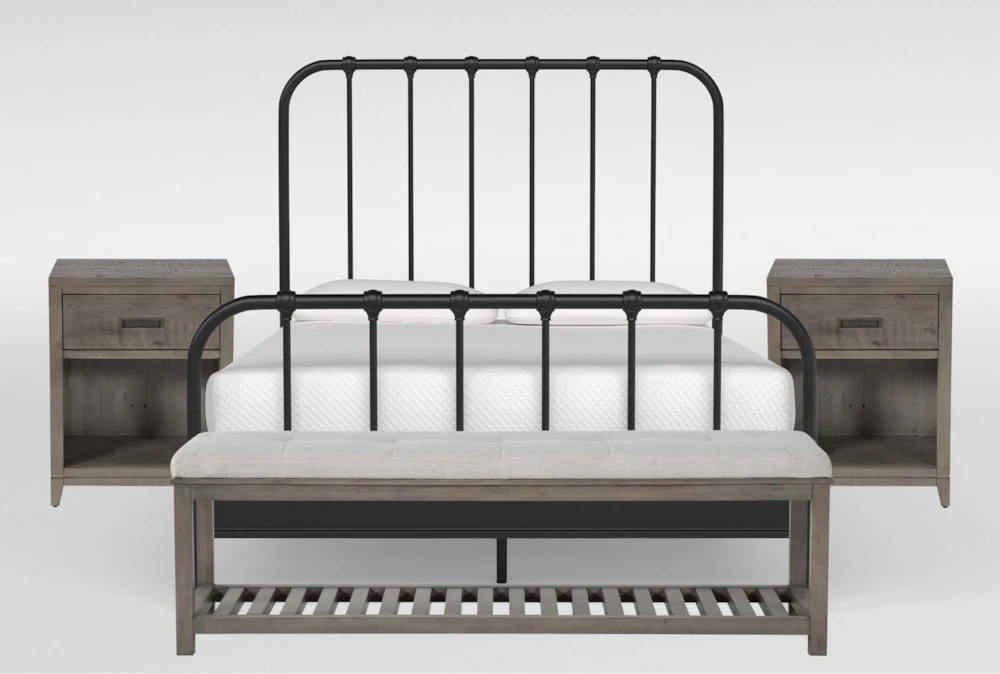 Knox Queen Metal Panel 4 Piece Bedroom Set With Corina Bench + 2 Nightstands