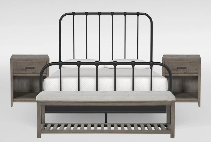 Knox Queen Metal Panel 4 Piece Bedroom Set With Corina Bench + 2 Nightstands - 360