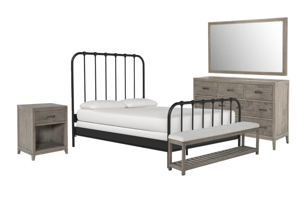 Knox Queen Metal Panel 5 Piece Bedroom Set With Corina Dresser, Mirror, Bench + Nightstand