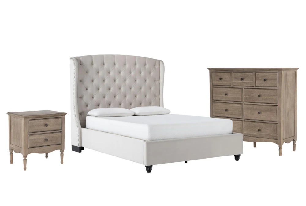 Mariah California King Velvet Upholstered Panel 3 Piece Bedroom Set With Deliah Chest Of Drawers + 3-Drawer Nightstand