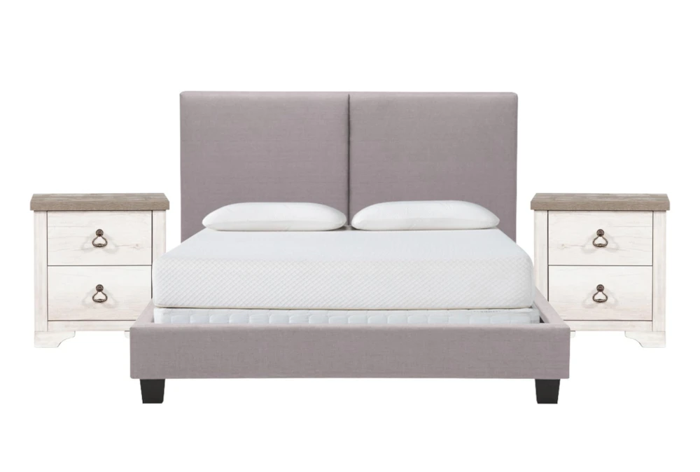 Rylee Grey California King Upholstered Panel 3 Piece Bedroom Set With 2 Cassie Nightstands