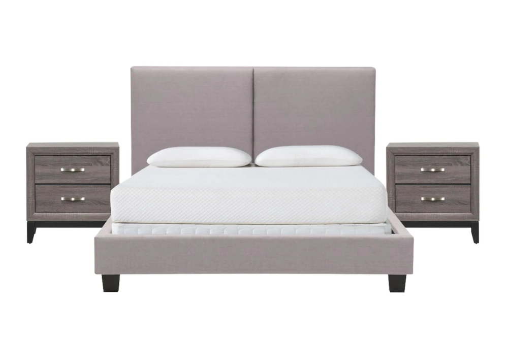 Rylee Grey California King Upholstered Panel 3 Piece Bedroom Set With 2 Finley Nightstands