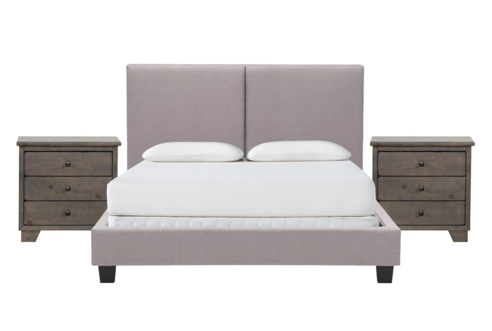 Rylee Grey California King Upholstered Panel 3 Piece Bedroom Set With 2 Marco Charcoal Nightstands