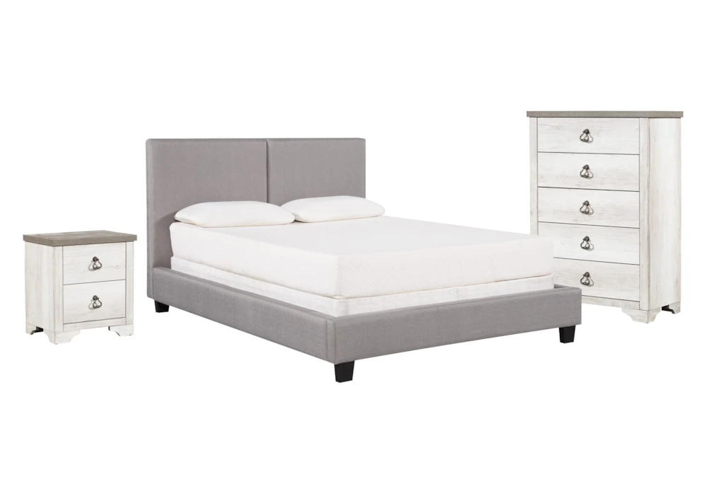 Rylee California King Upholstered Panel 3 Piece Bedroom Set With Cassie Chest Of Drawers + Nightstand