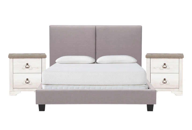 Rylee Grey Queen Upholstered Panel 3 Piece Bedroom Set With 2 Cassie Nightstands - 360
