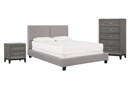 Rylee Queen Upholstered Panel 3 Piece Bedroom Set With Finley Chest Of Drawers + Nightstand