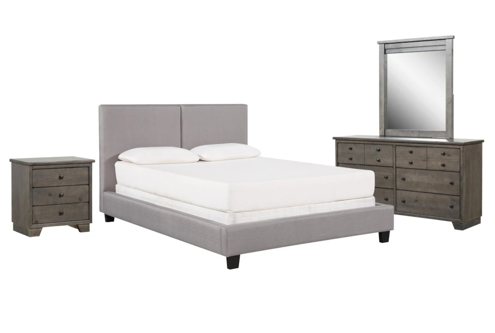 Rylee Grey Queen Upholstered Panel 4 Piece Bedroom Set With Marco Charcoal Dresser, Mirror + Nightstand